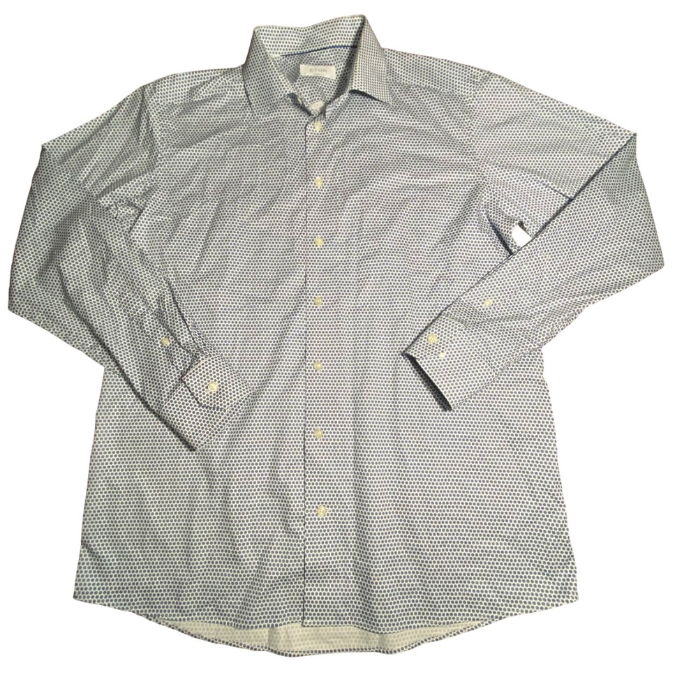 Eton Contemporary Fit Dress Shirt Blue White Floral Geometric 17.5 44 Cotton